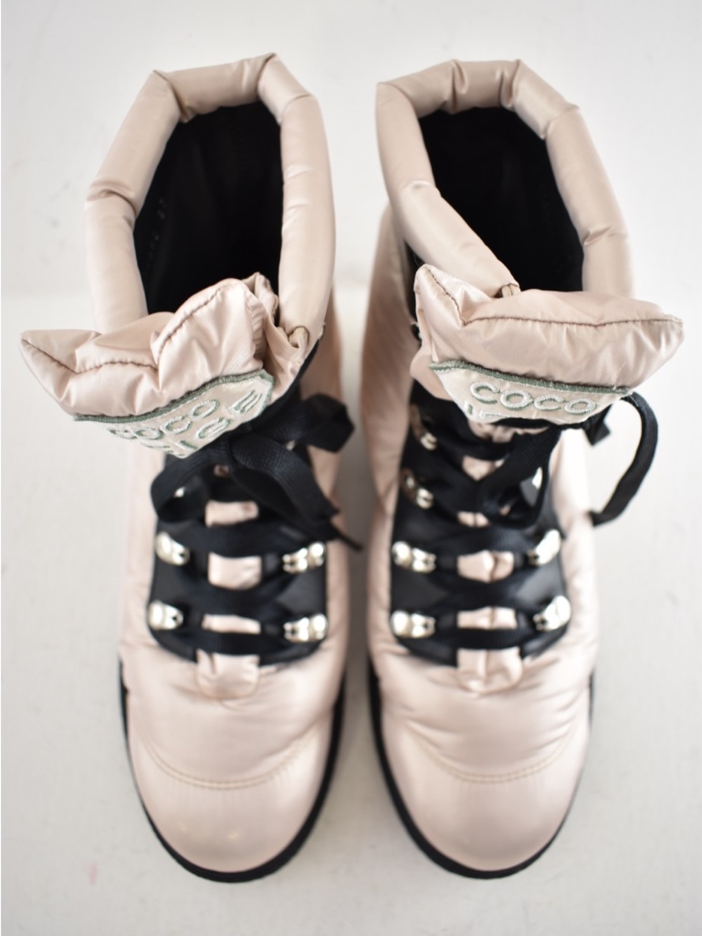 Chanel 18B Coco Neige Pink Black CC Logo Snow Winter Lace Up Tie Combat Boots 37 - Picture 10 of 16